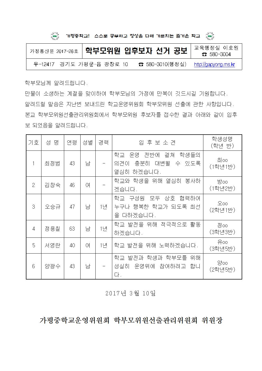 2017학교운영위원회 학부모위원 입후보자 선거 공보 사진